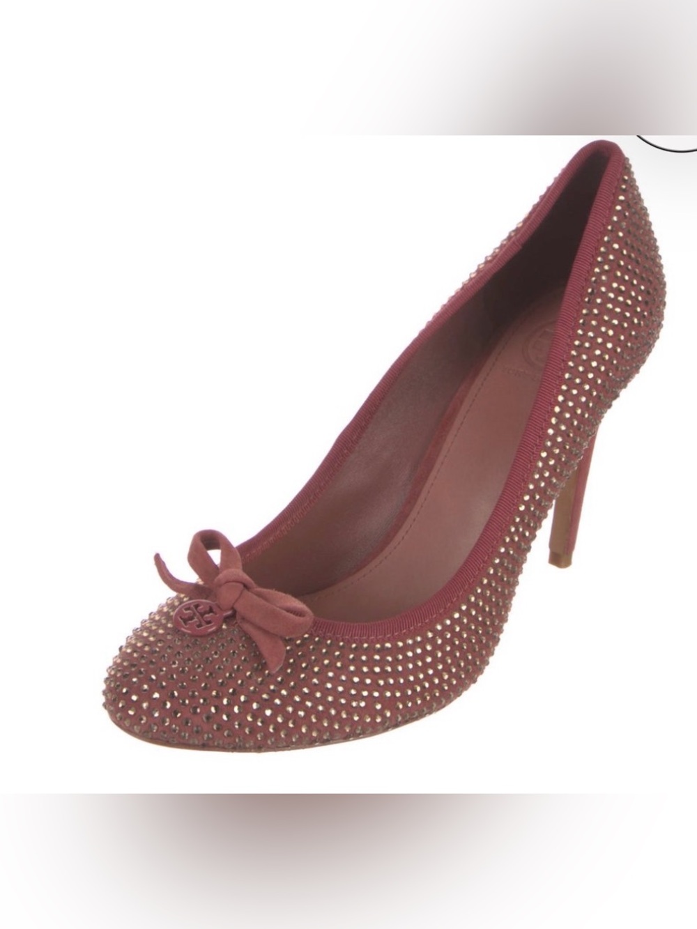 Tory Burch Burgundy Round Toe Crystal & Bow Four Inch High Heel Pumps - Size 8.5 - Picture 2 of 11